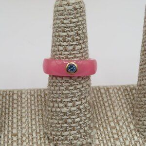 Pink Stone Ring with Gold Tone and Blue Spinel Accent Size 8